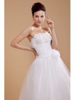 Tulle and Satin Strapless Tea-Length Ball Gown Wedding Dress with Embroideredd