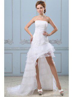 Satin and Organza Strapless Asymmetrical A-line Wedding Dress with Embroidered