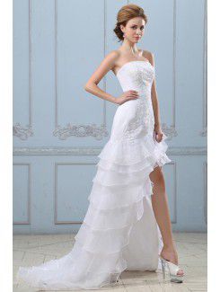 Satin and Organza Strapless Asymmetrical A-line Wedding Dress with Embroidered