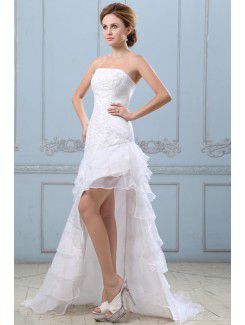 Satin and Organza Strapless Asymmetrical A-line Wedding Dress with Embroidered