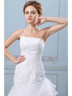 Satin and Organza Strapless Asymmetrical A-line Wedding Dress with Embroidered