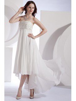 Chiffon and Satin Strapless Asymmetrical Column Wedding Dress with Embroidered and Ruffle