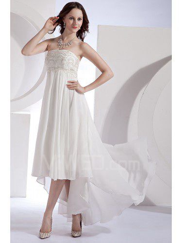 刺繍 フリル シフォン サテン ストラップレス 非対称 コラム ウェディングドレス