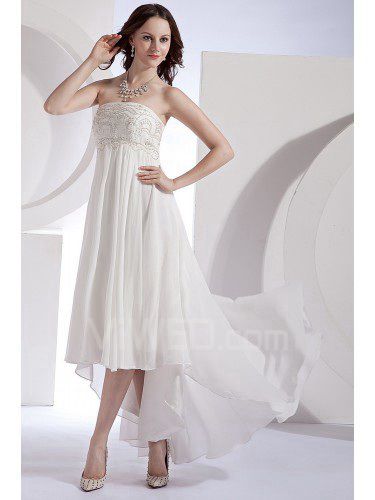 Chiffon and Satin Strapless Asymmetrical Column Wedding Dress with Embroidered and Ruffle