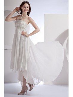 Chiffon and Satin Strapless Asymmetrical Column Wedding Dress with Embroidered and Ruffle