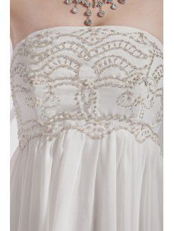 Chiffon and Satin Strapless Asymmetrical Column Wedding Dress with Embroidered and Ruffle