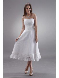 Tè lunghezza abito da sposa a-line senza spalline in chiffon con ricami