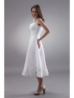 Chiffon Strapless Tea-Length A-line Wedding Dress with Embroidered