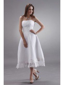 Chiffon Strapless Tea-Length A-line Wedding Dress with Embroidered