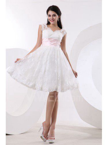 Satin and Tulle V-Neck Knee-Length A-line Wedding Dress with Embroidered