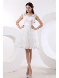 Satin and Tulle V-Neck Knee-Length A-line Wedding Dress with Embroidered