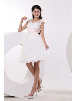 Satin and Tulle V-Neck Knee-Length A-line Wedding Dress with Embroidered