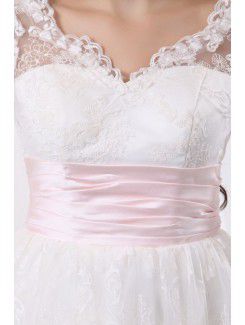 Satin and Tulle V-Neck Knee-Length A-line Wedding Dress with Embroidered