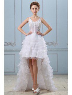 Gauze V-Neckline Asymmetrical A-line Wedding Dress with Embroidered