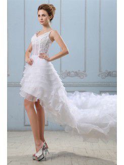 Gauze V-Neckline Asymmetrical A-line Wedding Dress with Embroidered