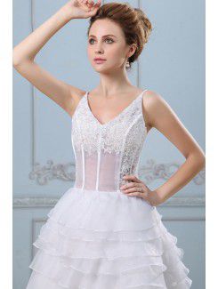 Gauze V-Neckline Asymmetrical A-line Wedding Dress with Embroidered