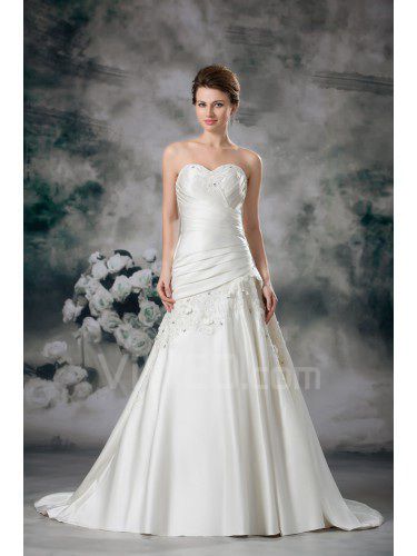 Satin Sweetheart Sweep Train A-line Embroidered Wedding Dress