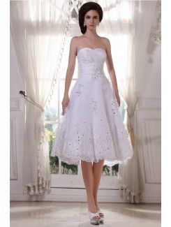 Satin and Tulle Sweetheart Tea-Length A-Line Wedding Dress with Embroidered