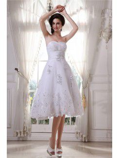 Satin and Tulle Sweetheart Tea-Length A-Line Wedding Dress with Embroidered