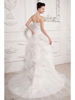 Tulle Strapless Asymmetrical Ball Gown Wedding Dress with Embroidered and Ruffle