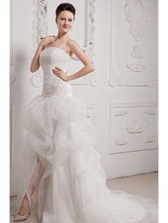 Tulle Strapless Asymmetrical Ball Gown Wedding Dress with Embroidered and Ruffle