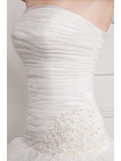 Tulle Strapless Asymmetrical Ball Gown Wedding Dress with Embroidered and Ruffle