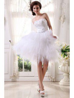 Tulle and Satin Strapless Knee-length Ball Gown Wedding Dress with Embroidered