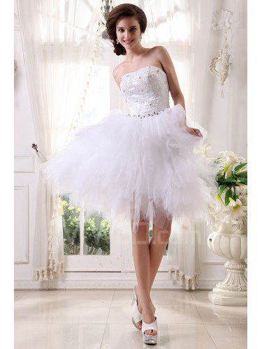 Tulle and Satin Strapless Knee-length Ball Gown Wedding Dress with Embroidered