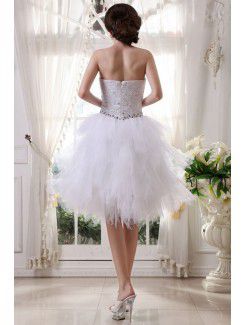 Tulle and Satin Strapless Knee-length Ball Gown Wedding Dress with Embroidered