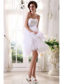 Tulle and Satin Strapless Knee-length Ball Gown Wedding Dress with Embroidered