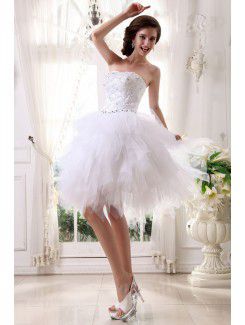 Tulle and Satin Strapless Knee-length Ball Gown Wedding Dress with Embroidered
