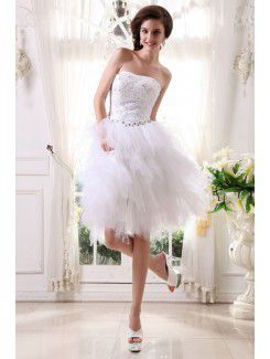 Tulle and Satin Strapless Knee-length Ball Gown Wedding Dress with Embroidered