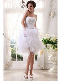 Tulle and Satin Strapless Knee-length Ball Gown Wedding Dress with Embroidered