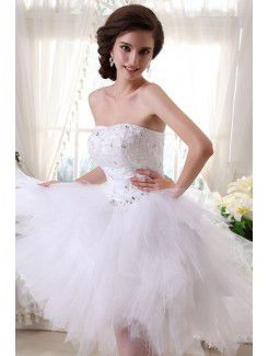 Tulle and Satin Strapless Knee-length Ball Gown Wedding Dress with Embroidered