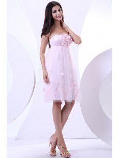 Tulle and Satin Strapless Knee-length Sheath Wedding Dress with Applique