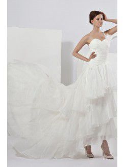 Organza One-Shoulder Asymmetrical A-line Wedding Dress with Ruffle and Flower