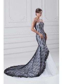 Satin and Lace Strapless Floor Length Mermaid Wedding Dress