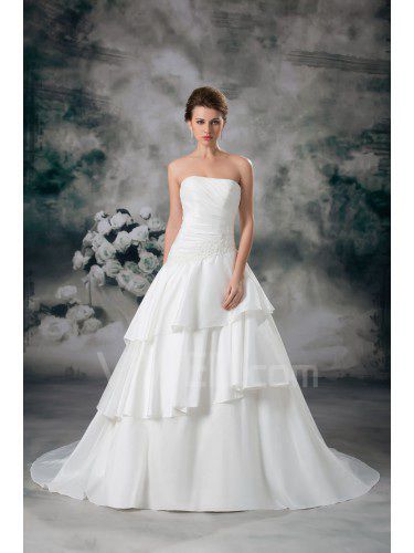 Satin Strapless Sweep Train A-line Embroidered Wedding Dress