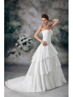 Satin Strapless Sweep Train A-line Embroidered Wedding Dress