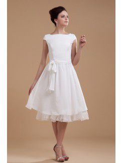 Chiffon Bateau Knee-length A-line Wedding Dress with Sash and Ruffle