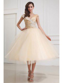 Taffeta and Tulle V-Neckline Tea-Length Ball Gown Wedding Dress with Embroidered