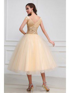 Taffeta and Tulle V-Neckline Tea-Length Ball Gown Wedding Dress with Embroidered