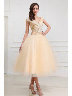 Taffeta and Tulle V-Neckline Tea-Length Ball Gown Wedding Dress with Embroidered