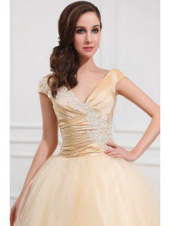 Taffeta and Tulle V-Neckline Tea-Length Ball Gown Wedding Dress with Embroidered