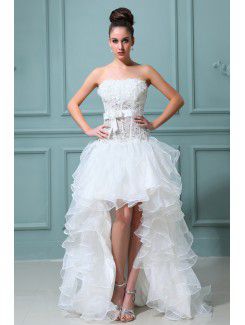 Satin Strapless Asymmetrical Ball Gown Wedding Dress with Embroidered and Ruffle