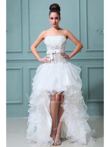 Satin Strapless Asymmetrical Ball Gown Wedding Dress with Embroidered and Ruffle