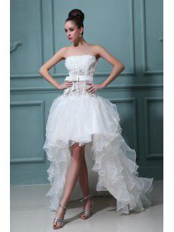 Satin Strapless Asymmetrical Ball Gown Wedding Dress with Embroidered and Ruffle