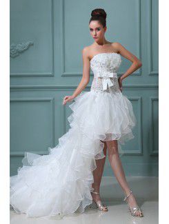 Satin Strapless Asymmetrical Ball Gown Wedding Dress with Embroidered and Ruffle