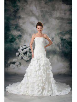 Taffeta Strapless Chapel Train A-line Embroidered Wedding Dress