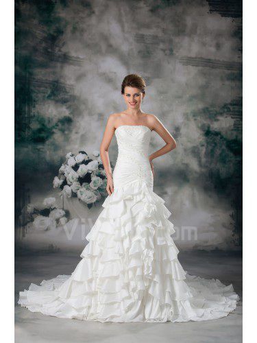 Taffeta Strapless Chapel Train A-line Embroidered Wedding Dress